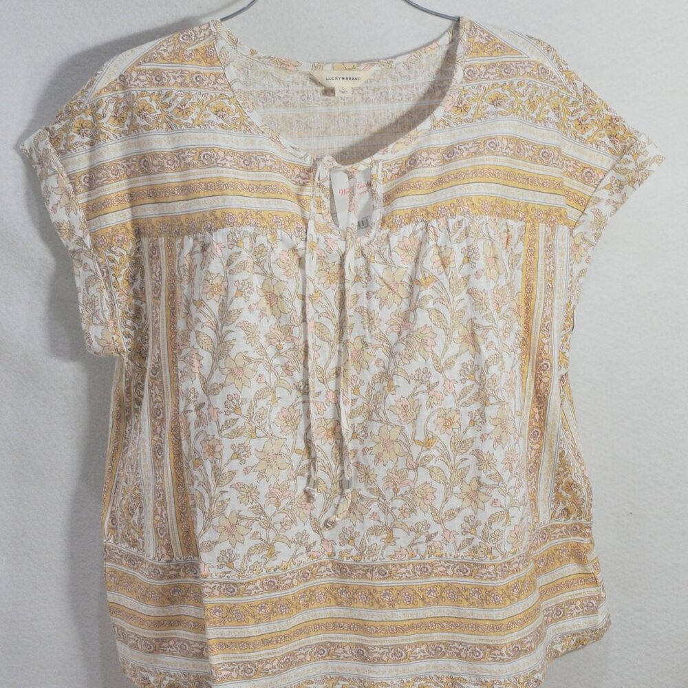 Lucky Brand Women's Blouse L Beige Floral Border Boxy Tie Neck Top Shirt